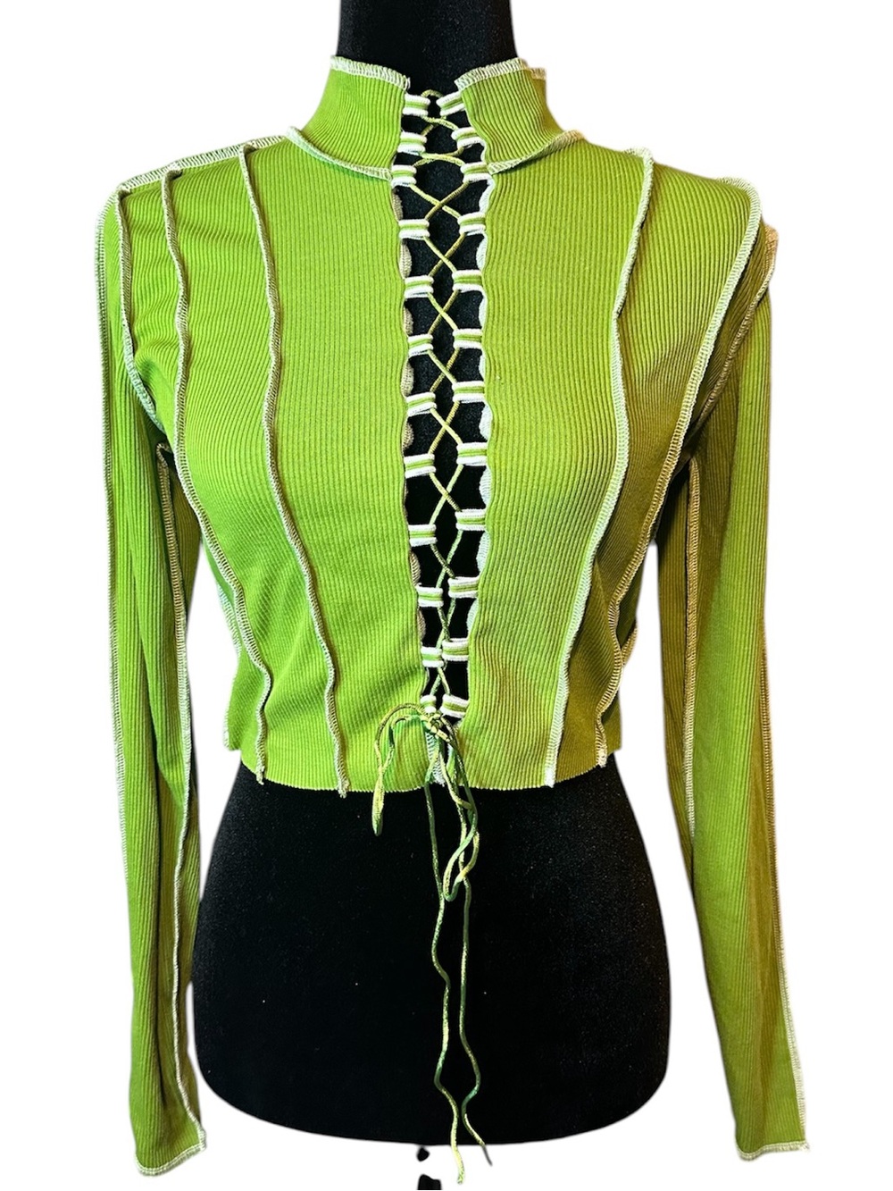 PRETTY GARBAGE Lace-Up Ribbed Long Sleeve Crop Top